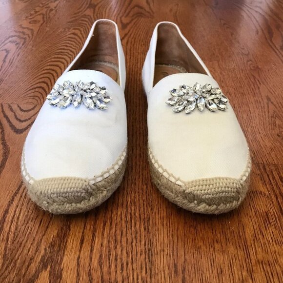MIU MIU Espadrille Embellished Flats Shoes Womens 38 8 White Canvas Crystals - Picture 7 of 12